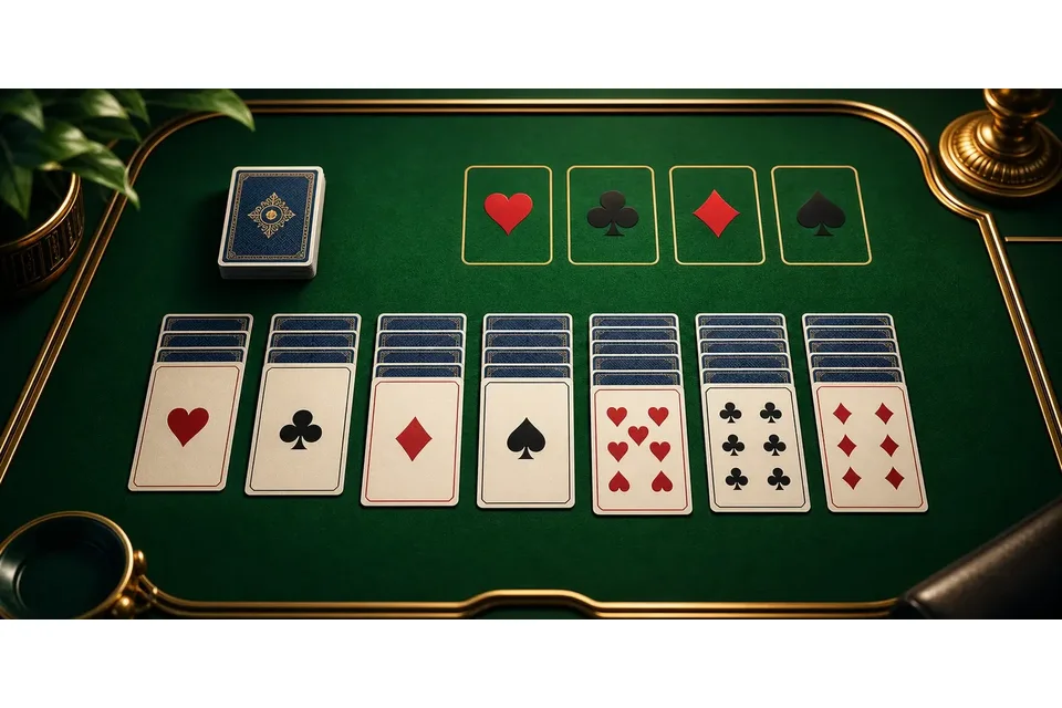 Kartenblitz Solitaire mit grünem Spieltisch und klassischen Spielkarten